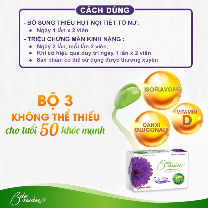 Combo 3 hộp viên uống Bảo Xuân 50+ giúp bổ sung nội tiết tố nữ, làm chậm lão hoá, giảm bốc hoả, cáu gắt 30 viên/hộp