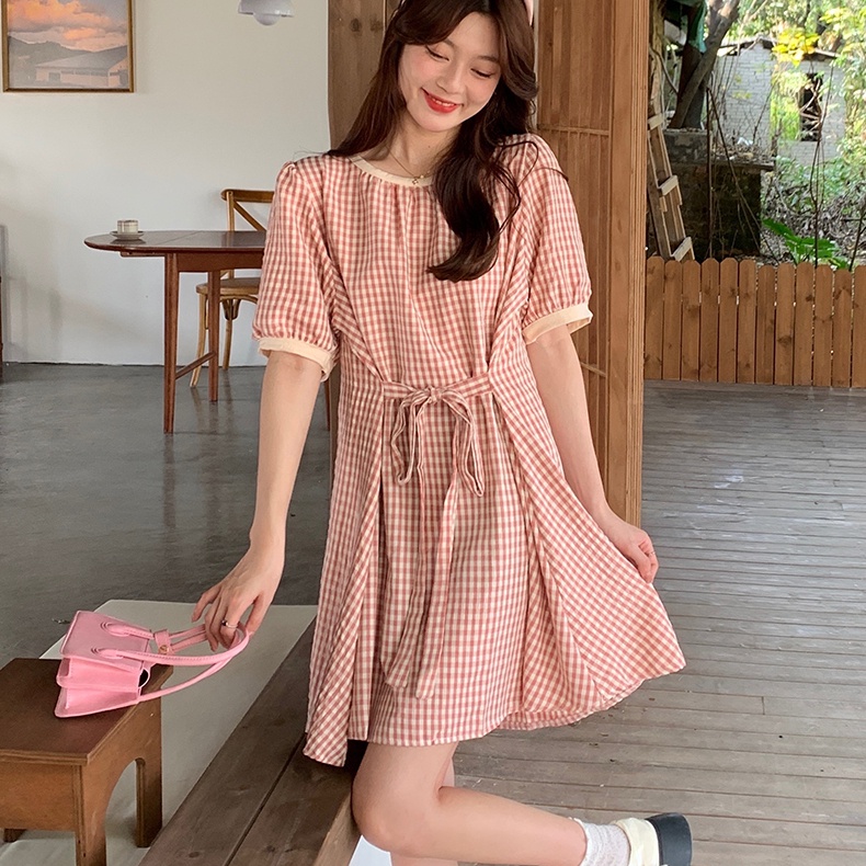 Đầm chữ A SUXI ngắn tay cổ tròn kẻ sọc caro phong cách Hàn Quốc thời trang hè cho nữ