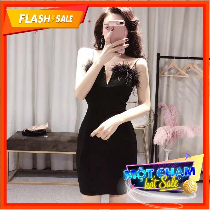 Váy 2 dây xẻ ngực lông vũ HÀNG CAO CẤP