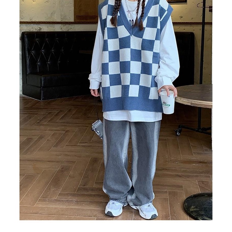 Áo len không tay cổ chữ V họa tiết caro thời trang | BigBuy360 - bigbuy360.vn