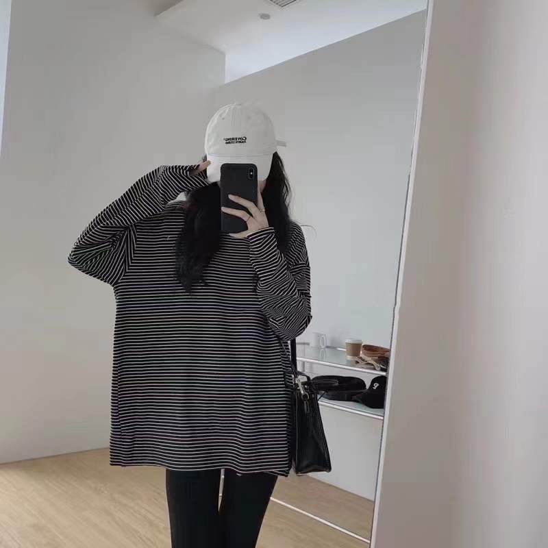 Áo Thun Dài Tay Dáng Rộng Cỡ Lớn Hoa Văn Kẻ Sọc Thời Trang Dành Cho Nữ