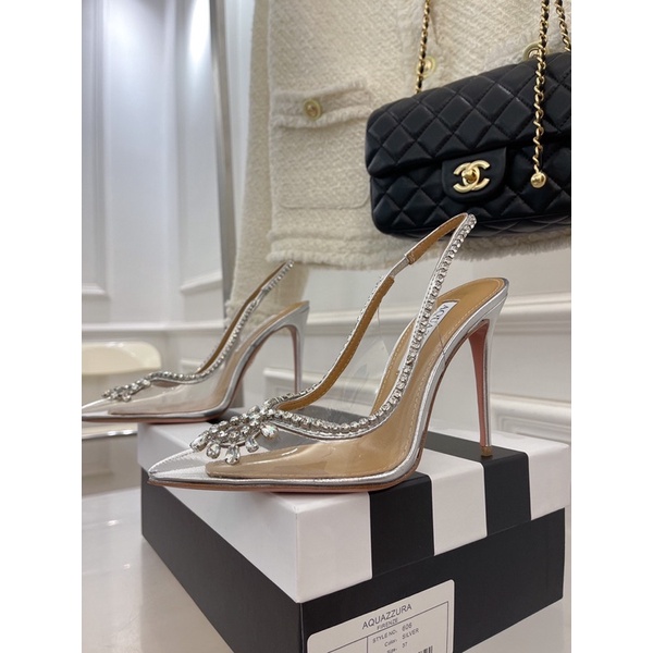 Giày cao gót mũi nhọn trong suốt có quai thương hiệu Aquazzura cao cấp