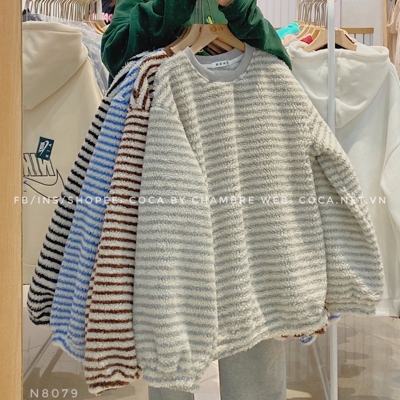 [N8079]️‍ Áo sweater nỉ lông cừu xù dày kẻ nhỏ form rộng phong cách Hàn Quốc (Có sẵn/ảnh thật)