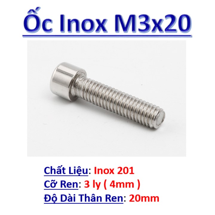 [20 cái] Ốc lục giác chìm 3ly, bulong (bu lông) inox 201 M3x20, vít chốt dài 20mm