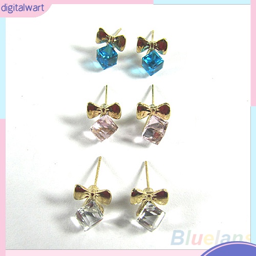 Cặp khuyên tai hình nơ đính đá quý nhân tạo khối vuông nhiều màu sắc trẻ trung cá tính dành cho nữ