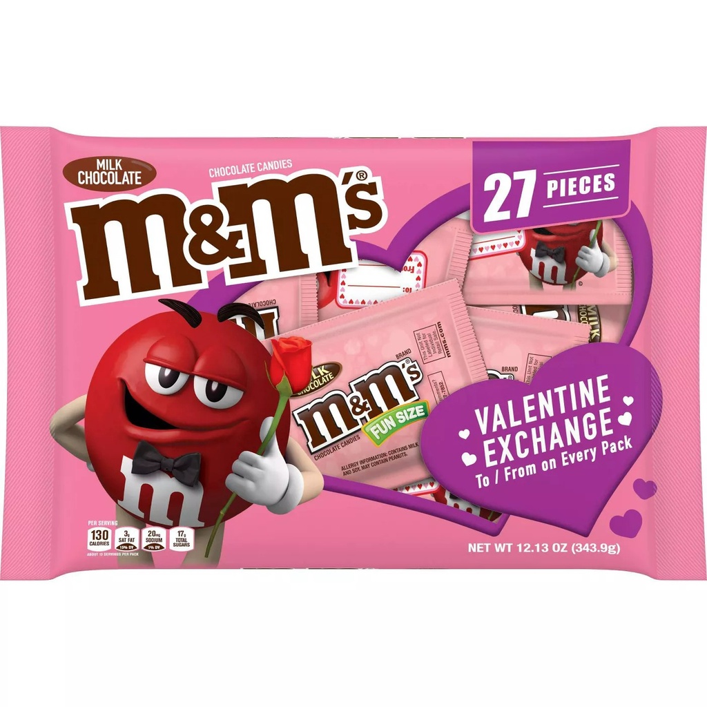 Kẹo Socola MM Gói Nhỏ M&amp;M’s Valentine's Milk Chocolate Candies Fun Size Exchange Bag