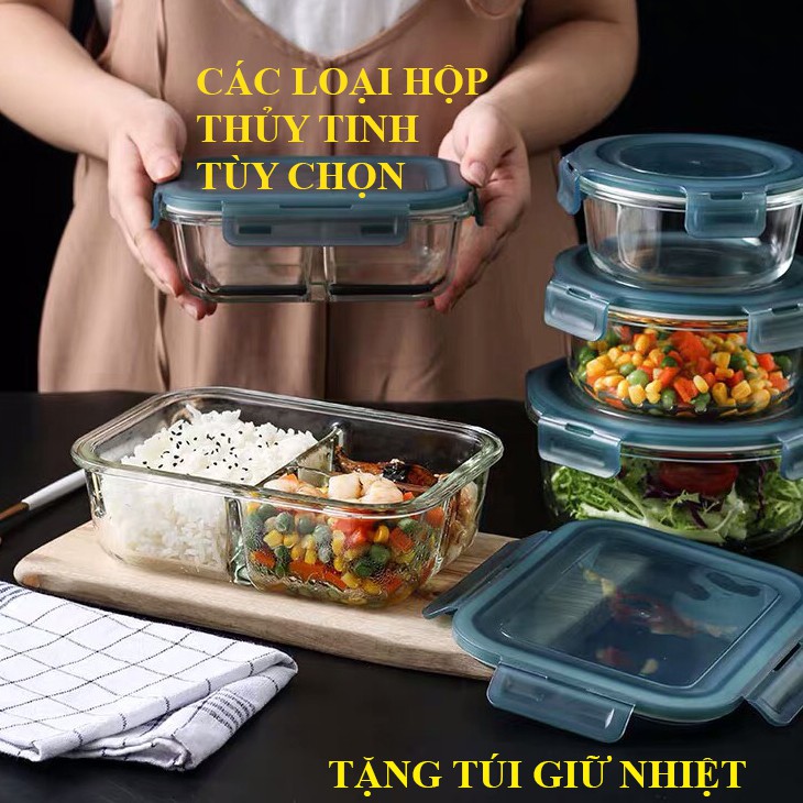 Hộp cơm thủy tinh chia ngăn, Hộp cơm văn phòng giữ nhiệt KÈM túi giữ nhiệt