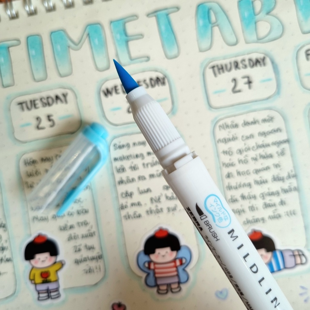 Bút Brush 2 đầu Zebra Mildliner viết calligraphy màu pastel bullet journal hàng chính hãng Nhật Bản