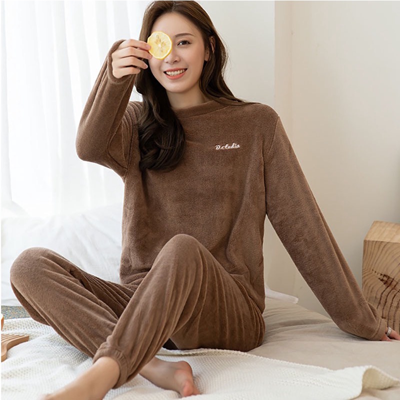 Bộ Nỉ Bông Mềm Mịn Siêu Ấm Mặc Nhà Cho Nữ, Quần Bo Gấu Thêu Chữ D.Studio,