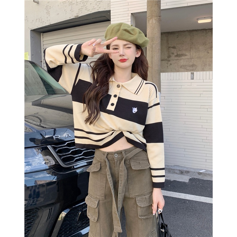 Áo polo ZHELIHANGFEI dệt kim tay dài dáng rộng họa tiết sọc phong cách preppy Mỹ sành điệu