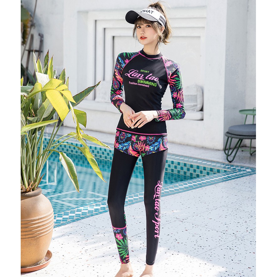 Đồ bơi nữ tay dài quần dài kèm quần đùi bơi  - Hoa đỏ