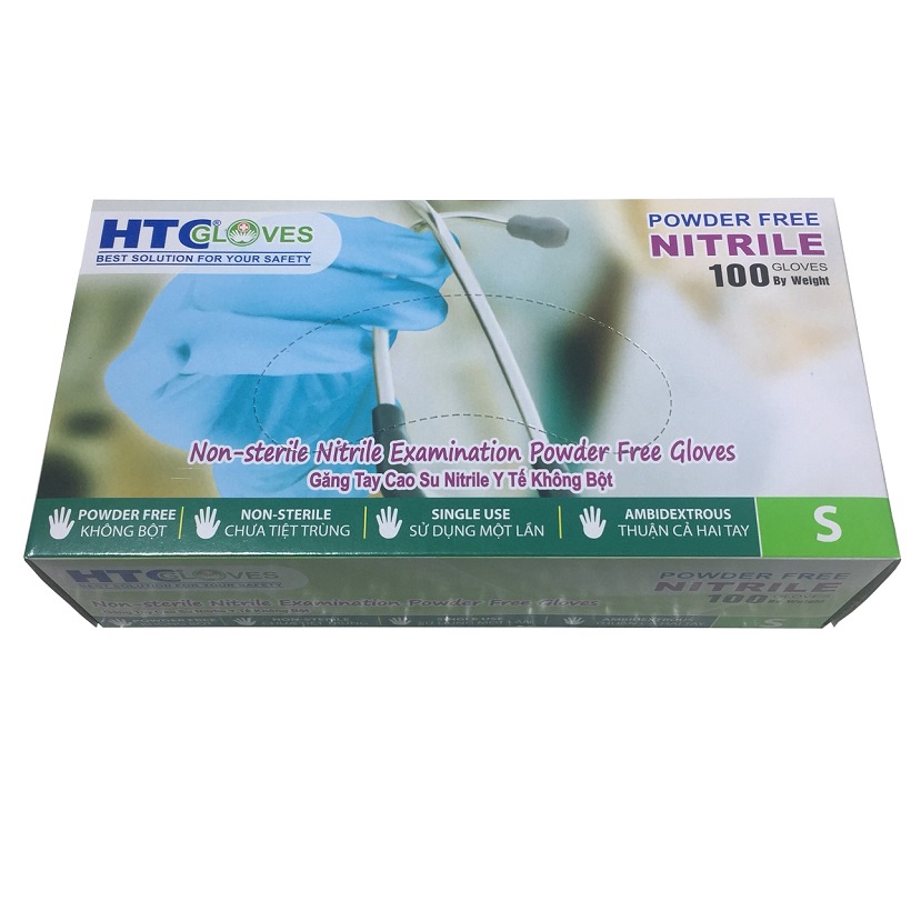 Bao tay y tế không bột HTC cao su Nitrile size S, M 100 cái/hộp.