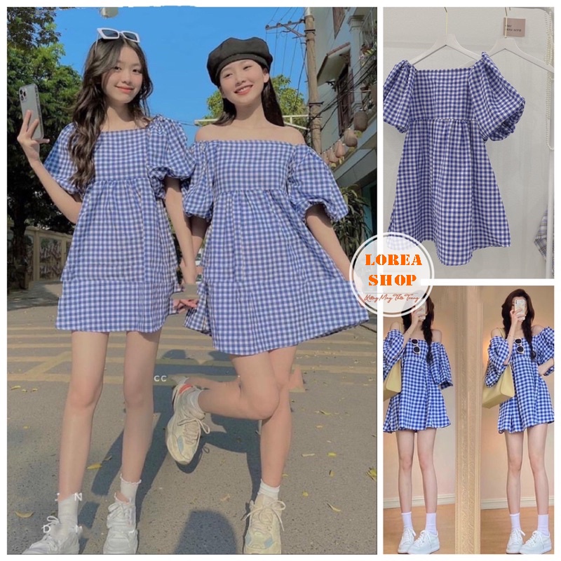 Đầm Babydoll, Váy Trễ Vai Mặc 2 Kiểu Kẻ Caro Xanh Tay Bồng Dáng Xoè