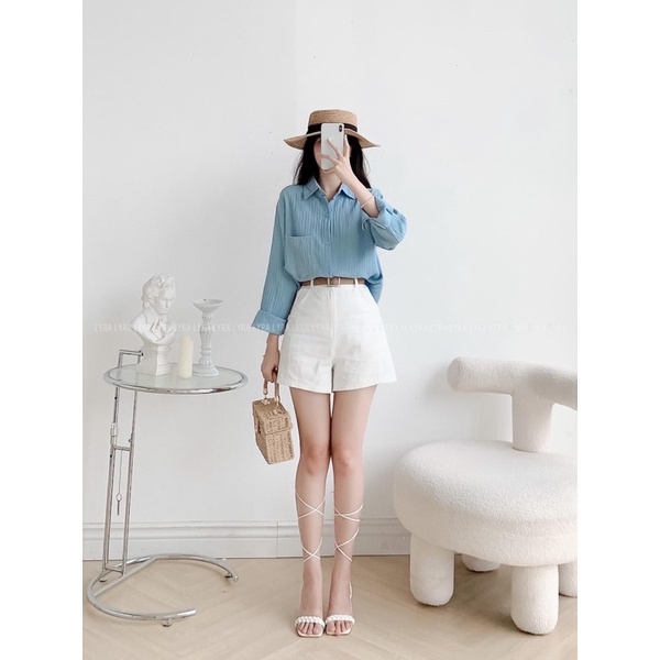 Sơmi trơn túi ngực thô gân hàn Quốc