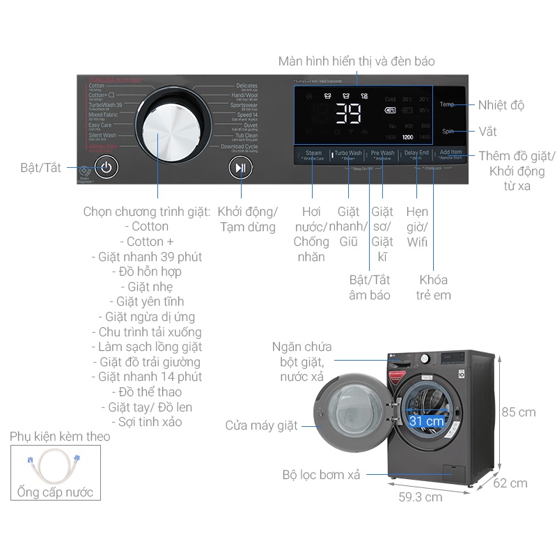 Máy giặt LG cửa ngang 10.5 kg FV1450S2B