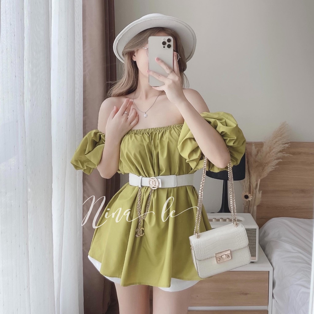 Sét bộ đồ nữ trễ vai dáng bèo phối quần đùi, 3 màu sắc dạo phố, đi biển (Vàng, Xanh, Hồng).