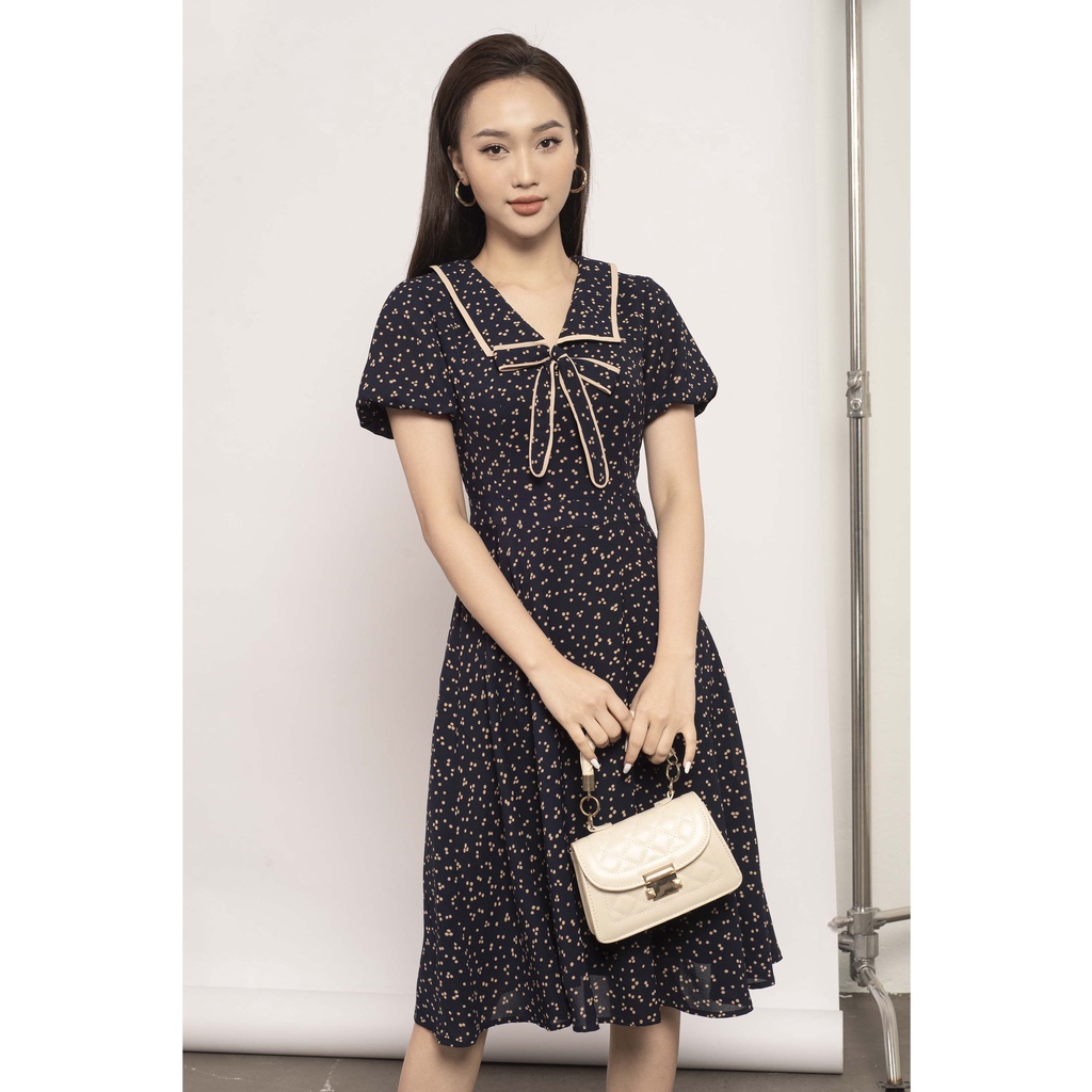 Đầm dáng xòe, tay bồng, cổ buộc nơ, viền cổ màu trắng MMOutfit M-DA061121347