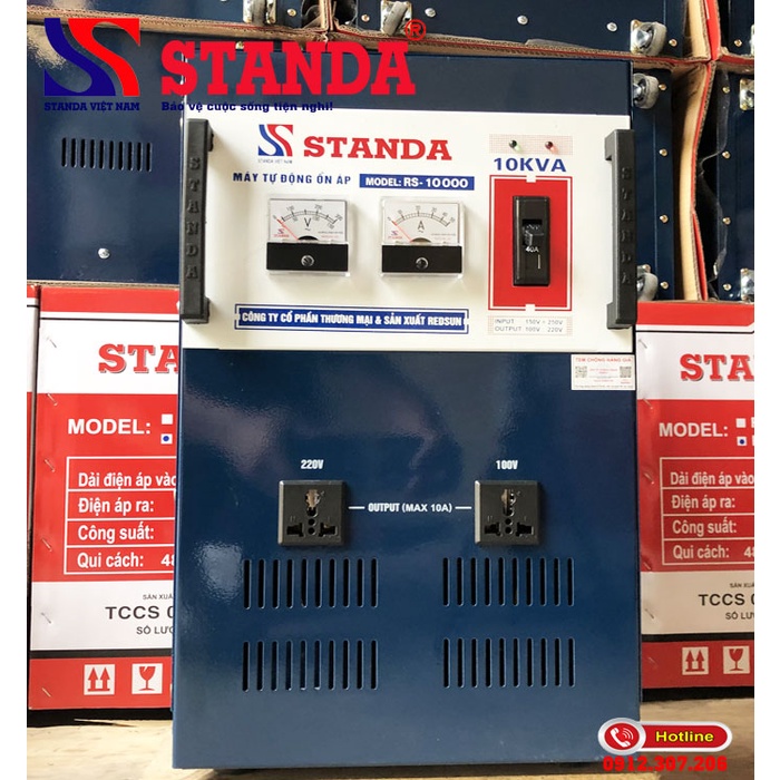 ỔN ÁP STANDA 10KVA DẢI 150V – 250V 2 Ổ CẮM phổ biến tại các hộ gia đình Việt