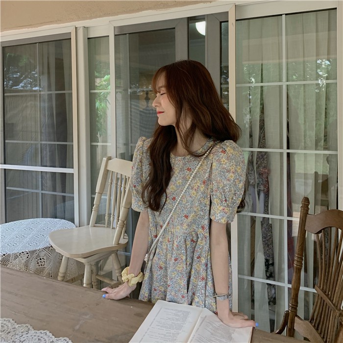 Đầm babydoll hoa nhí có dây buộc eo tay phồng ulzzang  - V14FG