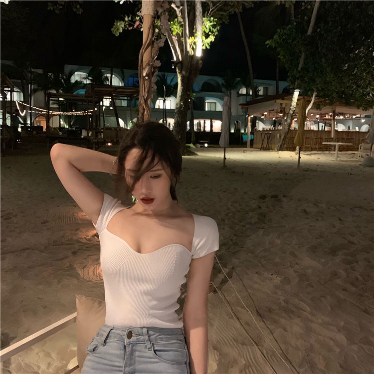 COZOK Áo Dệt Kim Tay Ngắn Trễ Vai Thiết Kế Xẻ Tà Quyến Rũ