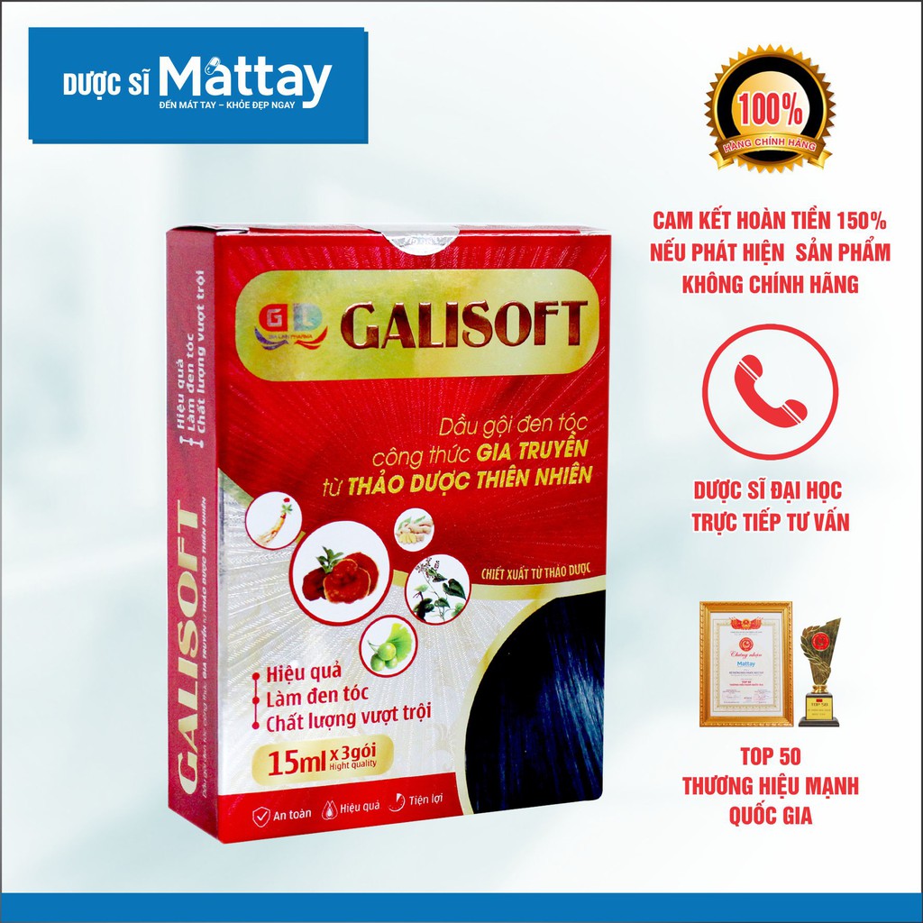 Dầu gội đen tóc thảo dược công thức gia truyền GALISOFT  1 hộp 3 gói. ( Mát Tay )