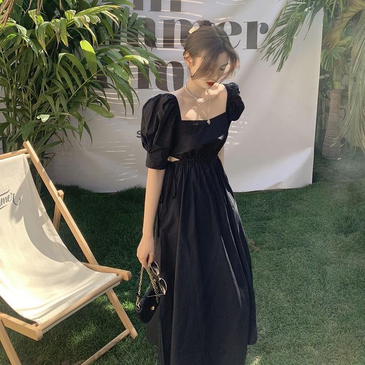 COZOK Đầm Tay Phồng Cổ Vuông Chiết Eo Phong Cách Vintage