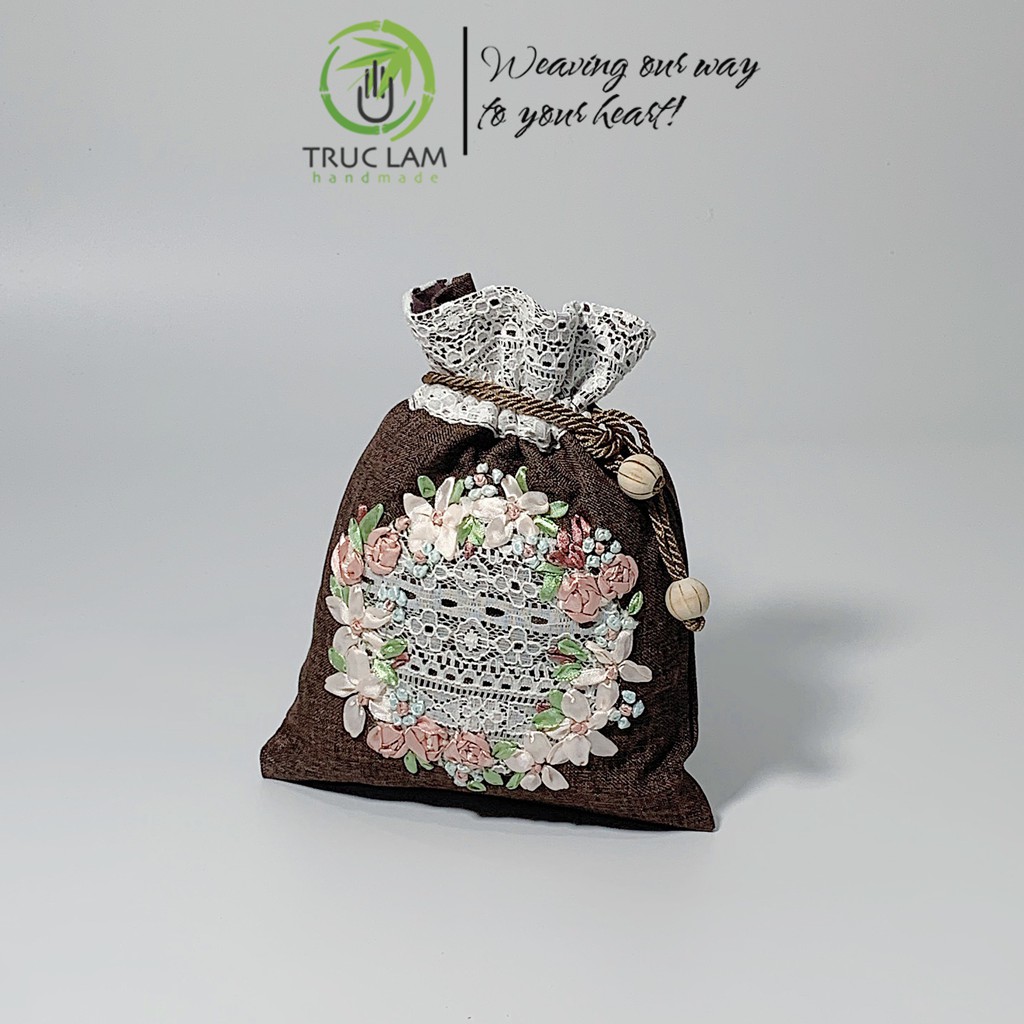 Túi Rút Thêu Ruy Băng Họa Tiết Hoa Phối Ren - Trúc Lâm Handmade