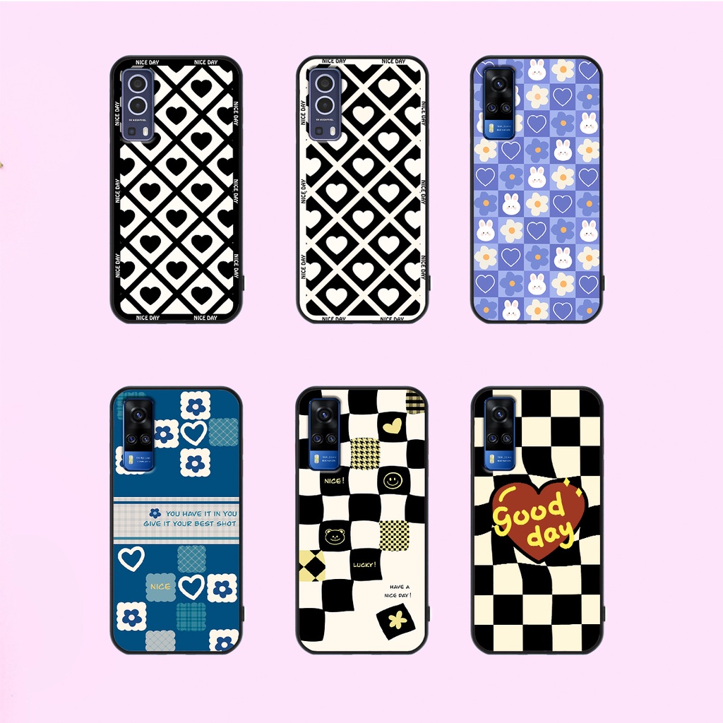 Ốp lưng Vivo Y51 2020 - Vivo Y53s - Vivo Y72 5G in hoạ tiết caro trái tim đen trắng, gấu bear cute đáng yêu