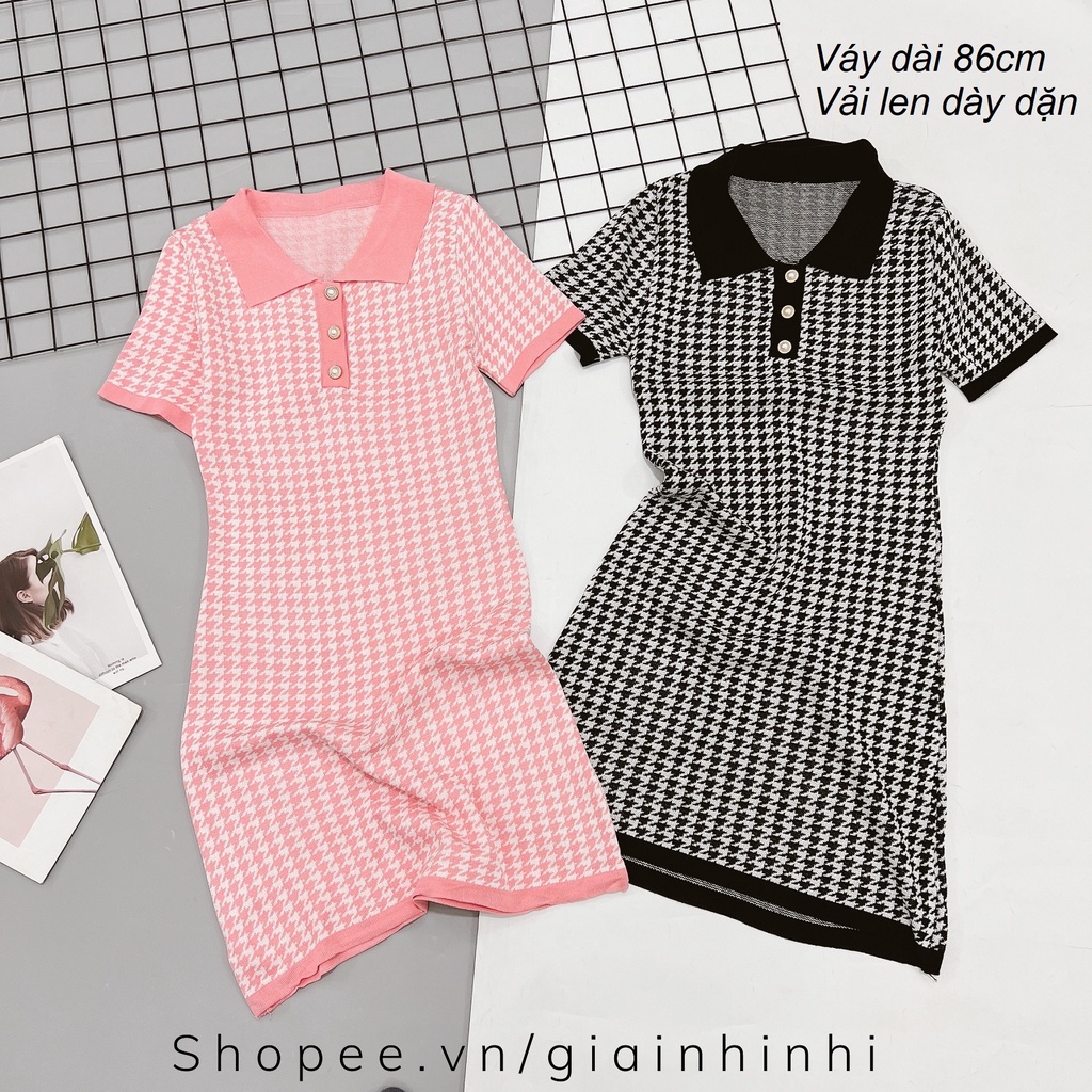 Váy len dáng ôm body cổ bẻ kẻ caro, Đầm len ngắn tay co giãn VS1561 - NhiNhi Shop