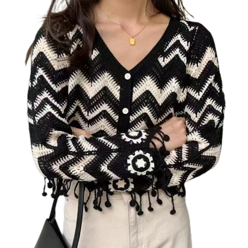 Xiangbao Áo Khoác Cardigan Dệt Kim Tay Dài Cài Nút Kẻ Sọc Phối Tua Rua Cho Nữ