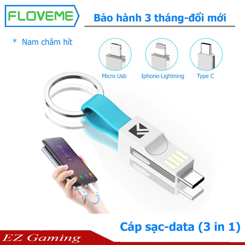 [Free ship] Cáp Sạc ngắn 3 in 1 – Tích hợp 3 loại đầu, Móc chìa khóa tự hít thông minh.