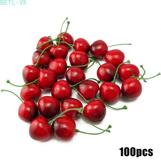 100Pcs Artificial Plastic Cherry Fruit Fake Display For Kitchen Home Foods Decor