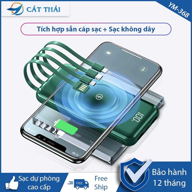 Pin sạc dự phòng nhỏ gọn Cát Thái YM-368 dung lượng 10000mAh/20000mAh tích hợp sạc không dây sạc nhanh tốc độ 2.1A