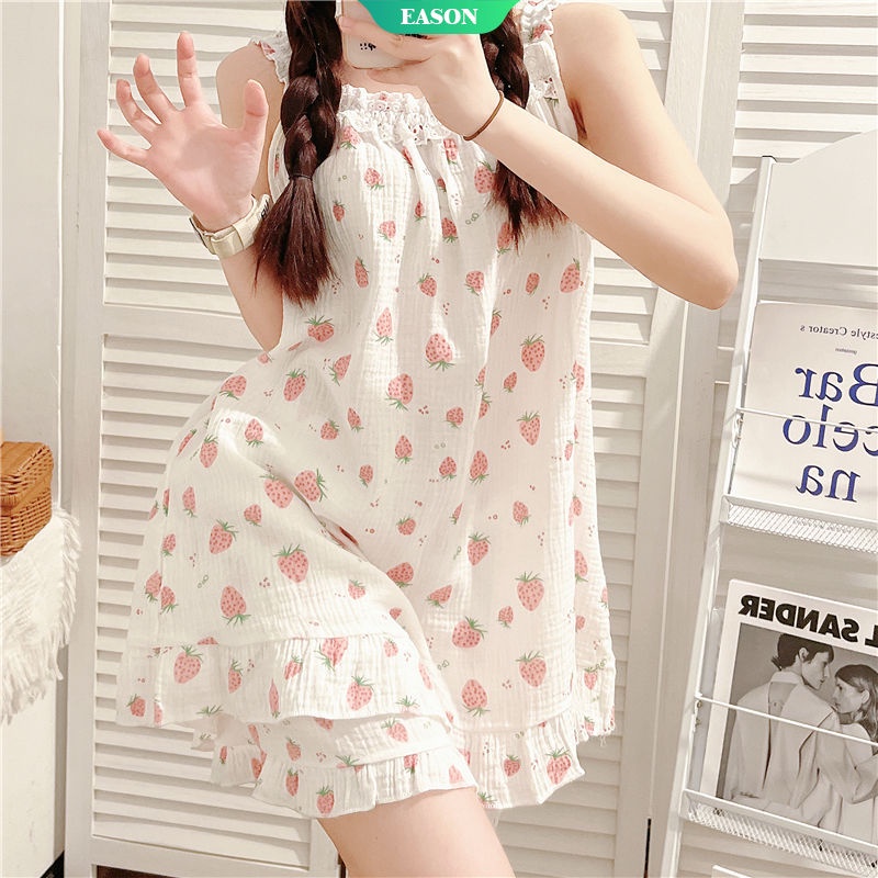 Bộ Đồ Ngủ Hai Dây Sát Nách Vải Cotton Mỏng Dáng Rộng In Hình Dâu Tây Kiểu Nhật Bản Thời Trang Mùa Hè