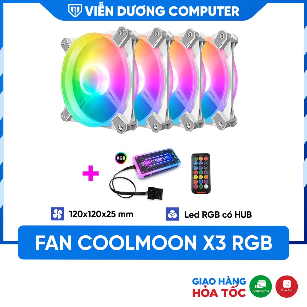 Quạt tản nhiệt Coolmoon X3, Fan LED RGB đồng bộ Hub Coolmoon + điều khiển - Tặng kèm ốc vít Viễn Dương Computer