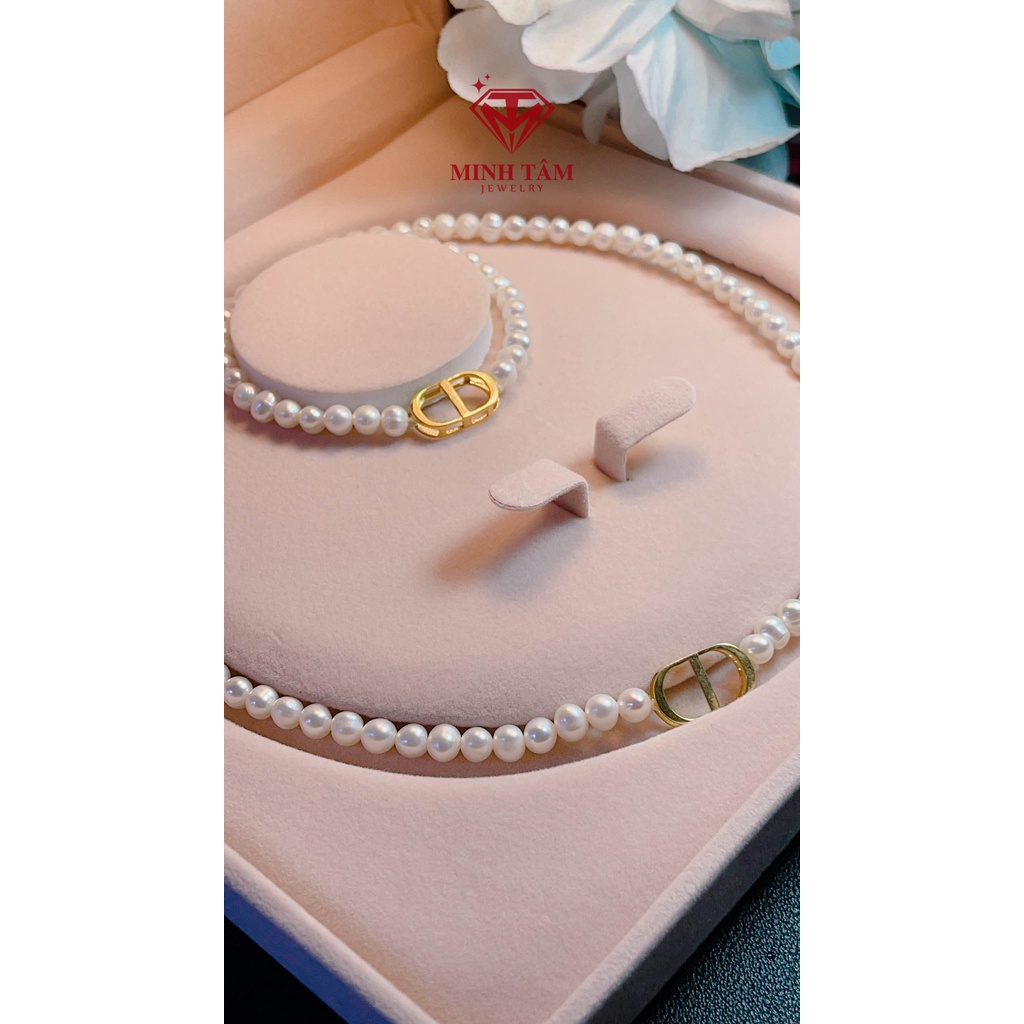 Bộ vòng cổ trai nuôi nước ngọt và vòng tay ngọc mix khóa Dio bạc mạ vàng hạt 6-7 ly-Minh Tâm Jewelry