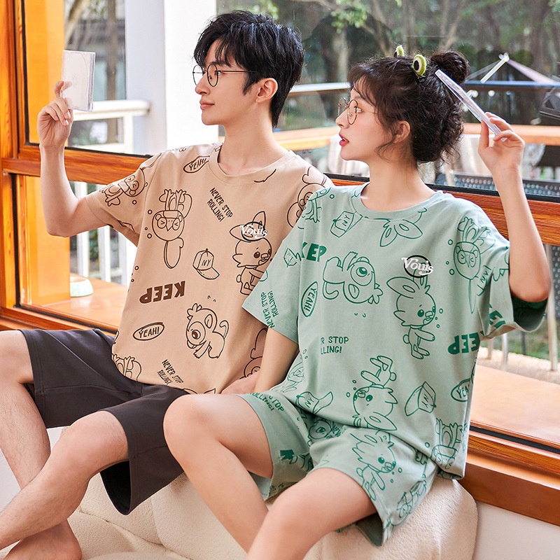 Pijama Bộ Đồ Ngủ Đôi Mặc Ở Nhà Vải Cotton Co Giãn Váy Quần Áo Cặp Đôi Cộc Tay Mùa Hè Đi Chơi Biển Ra Ngoài BODODOI02