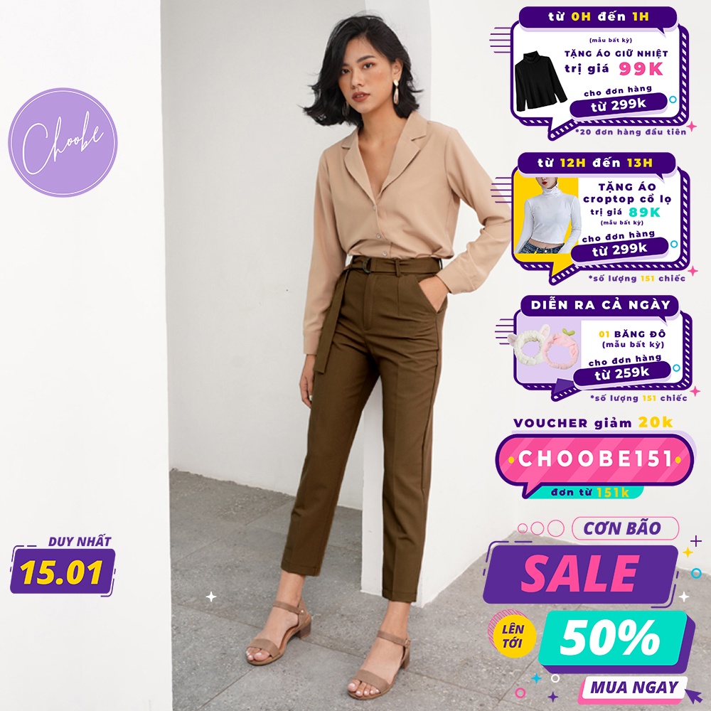 Quần baggy nữ Choobe lưng cạp cao đai dây rời đồ công sở đi học form đẹp màu đen xanh nâu Q12