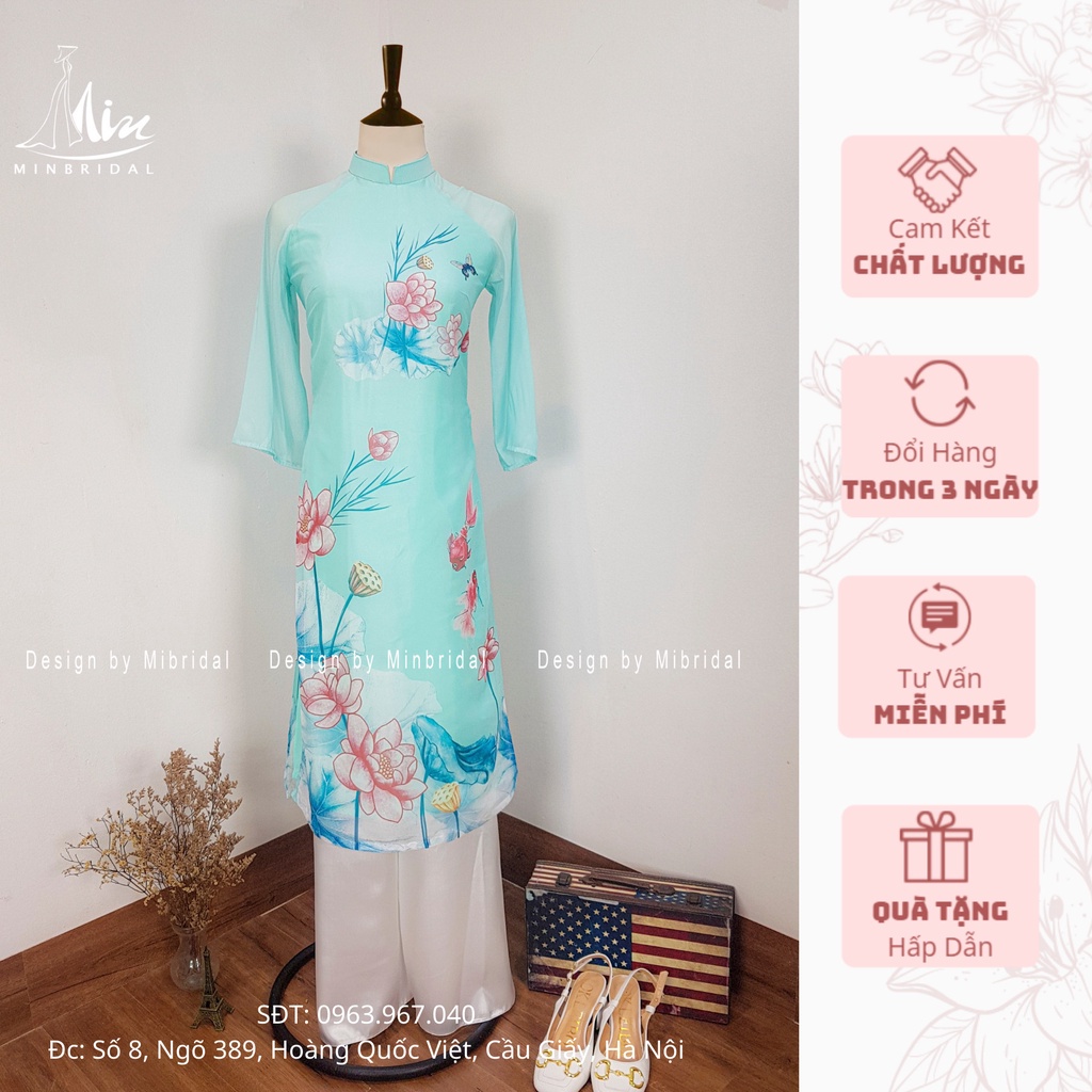 Áo dài tết màu xanh nhạt, 4 tà cổ vuông 2cm chất liệu voan tơ óng in hoa văn | BigBuy360 - bigbuy360.vn