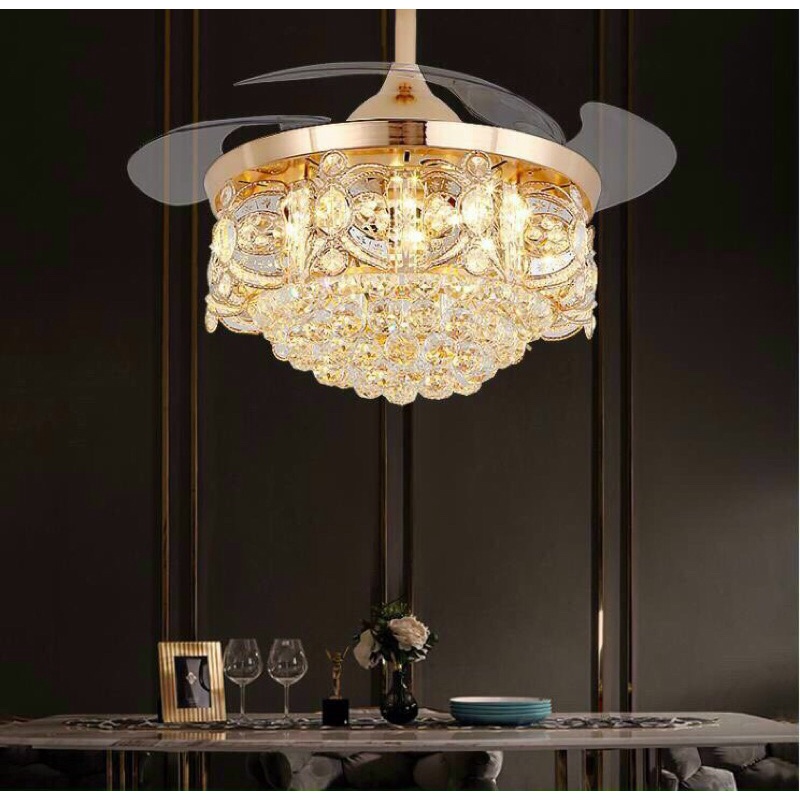 Quạt trần đèn pha lê cánh ẩn mạ vàng 24k