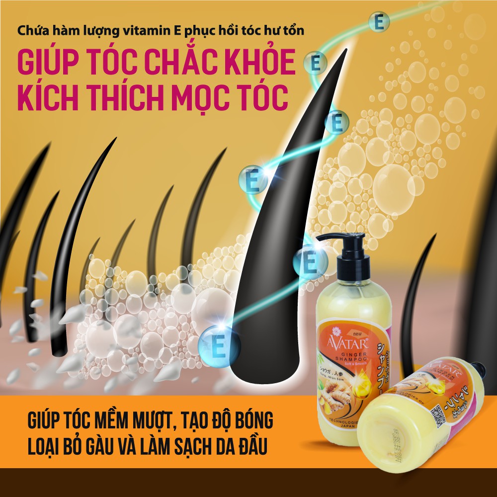 Dầu gội thảo mộc AVATAR Gừng &amp; Nhân Sâm 500ml Ngăn tóc gãy rụng Kích thích mọc tóc nhanh