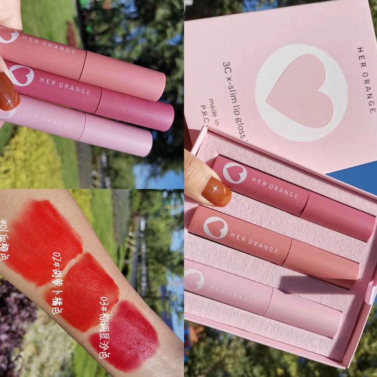 Set 3 Son Kem Her orange Trái Tim Hộp Hồng Siêu Đẹp