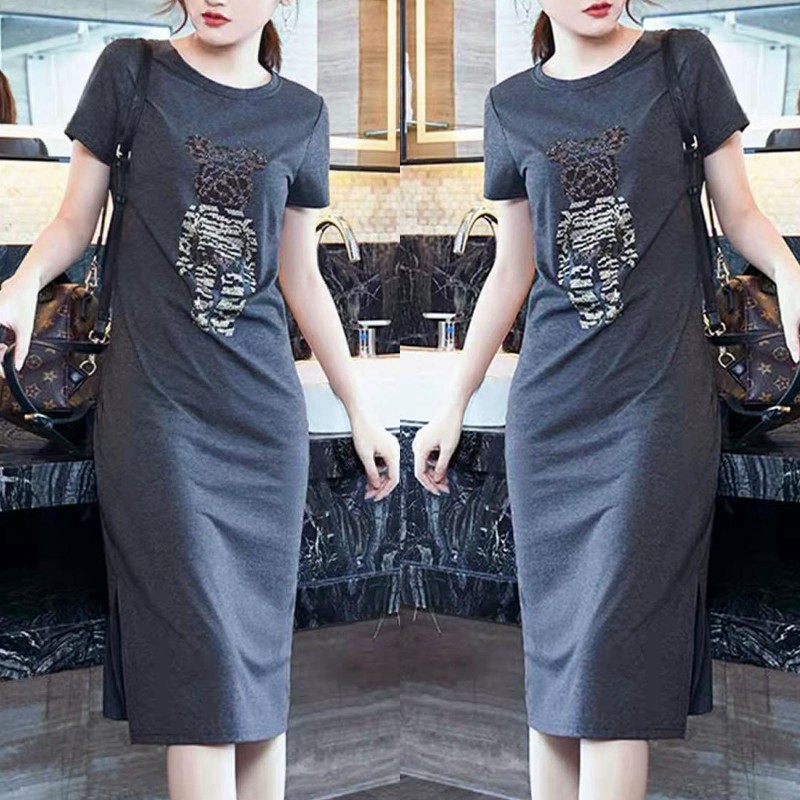 Đầm thun suông cổ tròn, ngắn tay, hàng chính hãng, dáng dài trùm gối (48kg-80kg)