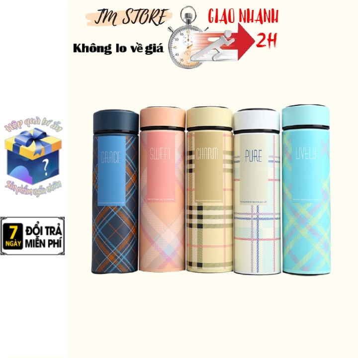 Bình giữ nhiệt dung tích 500 ml Bình đựng nước có nắp lọc giữ nóng lạnh thiết kế màu kẻ caro đẹp mắt