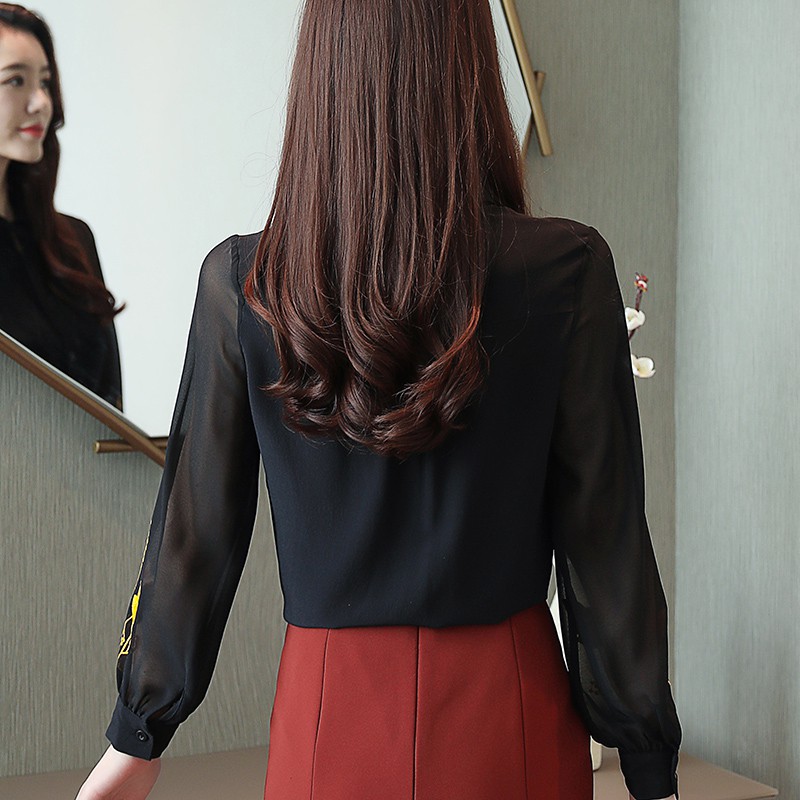 Korean Embroidery Chiffon Casual Blouse Women Autumn Long Sleeve Shirt Black | BigBuy360 - bigbuy360.vn