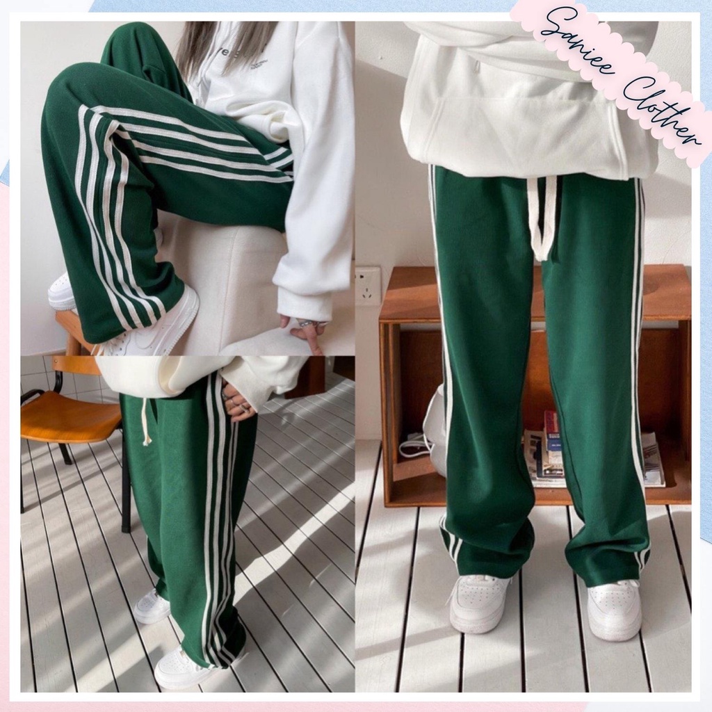 Quần nỉ unisex pants 4 sọc màu xanh lá quần ống suông nam nữ cạp chun mặc đôi thể thao Saniee Clother