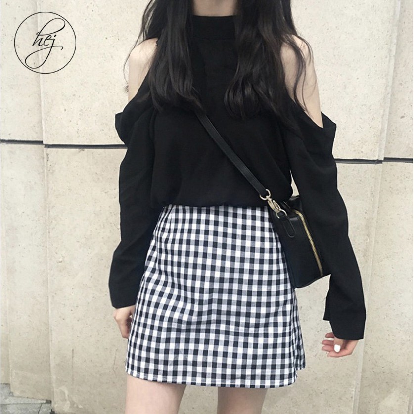 Set Áo Trễ Vai kèm Chân Váy Caro
