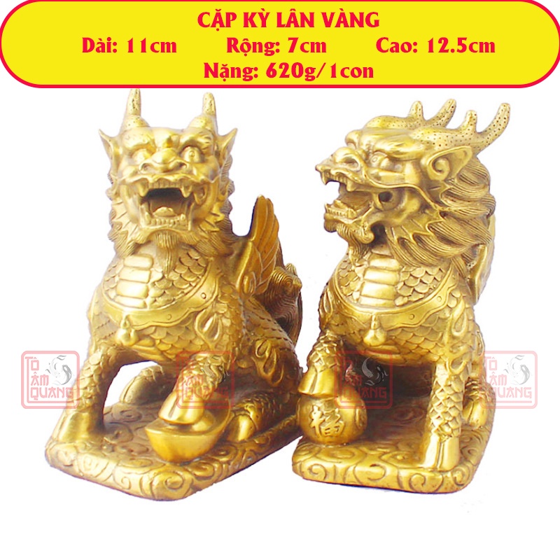Cặp Kỳ Lân đồng nguyên chất phong thủy cao 12.5cm trang trí bàn thờ, bàn làm việc, nhà cửa - Tài lộc - Hóa giải vận hạn