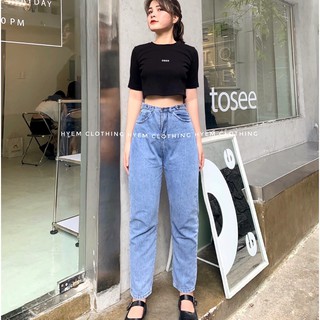 Quần jean nữ dáng baggy cạp lưng cao trơn màu xanh chất bò cao cấp loại 1