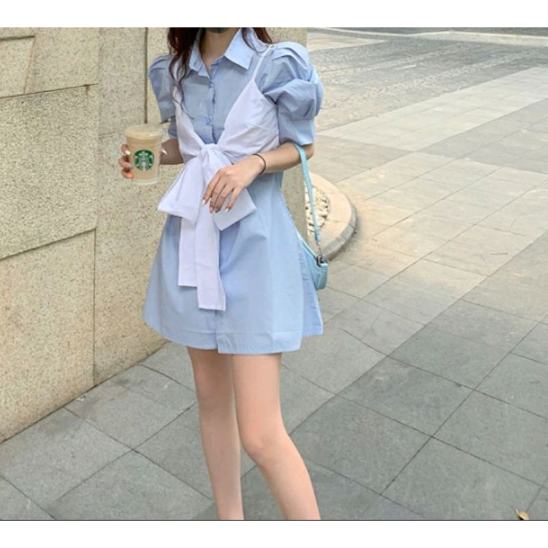 Đầm sơmi tay bồng phối nơ Ullzang